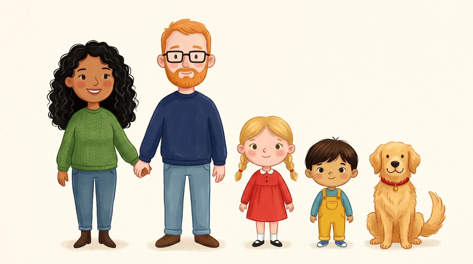 A storybook family of four and their golden retriever, illustrated in warm gouache