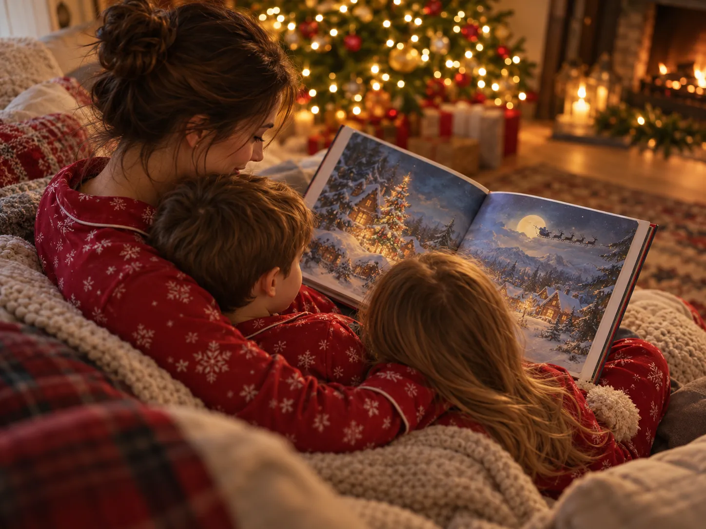 A parent and two children in red pyjamas reading a picture book on the sofa by the Christmas tree